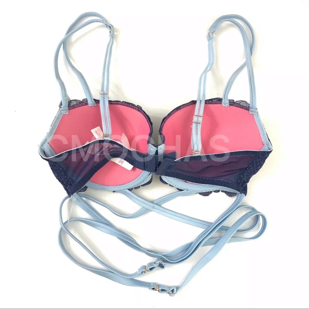 Victorias Secret PINK Date Push-up Strappy Wrap Body Padded Floral Blue Bra - Picture 3 of 3